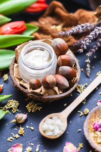 High angle view of food on table