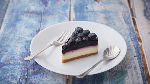 High angle view of cake in plate on table