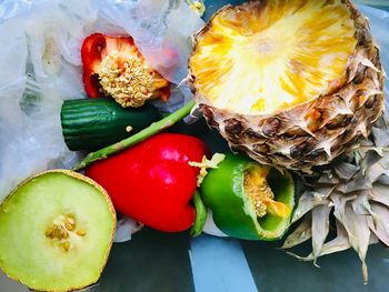 High angle view of fruits in plate