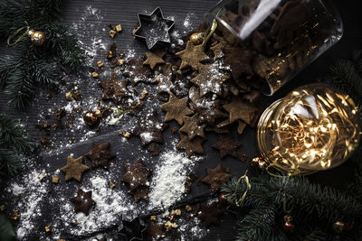 High angle view of christmas decorations on table