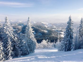 Scenic view of mountains against sky during winter