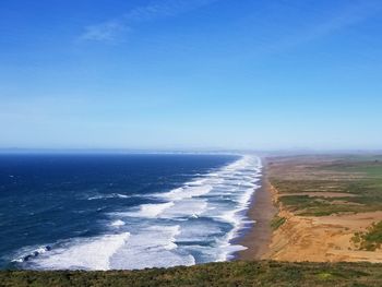 Scenic view of sea against clear blue sky