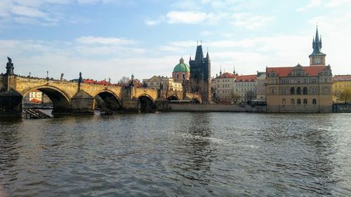 Bridge over river with buildings in background