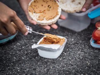 High angle view of person preparing food