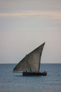 Sailboat sailing on sea against sky during sunset