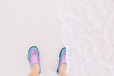 Low section of person wearing shoes at beach