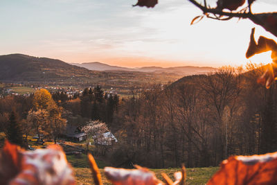 High angle view of townscape against sky during sunset