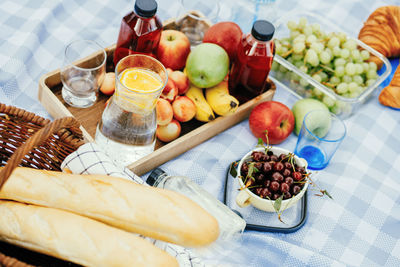 Fruits and drinks on the tablecloth at the picnic, summer family vacation in nature