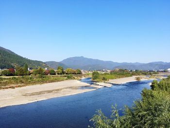 Scenic view of lake against clear blue sky