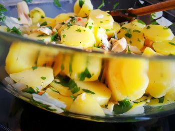 Close-up of potato salad in glass container