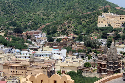 High angle view of buildings in town