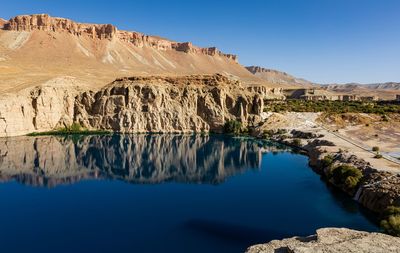 Reflection of mountains in lake against clear blue sky