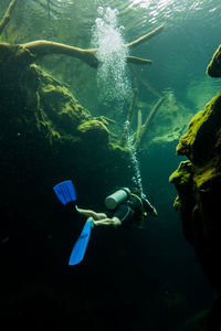 Young man scuba diving undersea