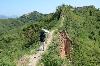 Rear view of man standing on mountain against sky