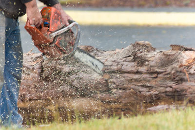 Cropped image of man using chainsaw to cut wood