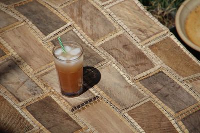 High angle view of drink on table