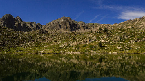 Scenic view of lake and mountains against blue sky