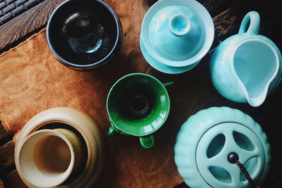 High angle view of tea cups on table