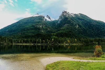 Scenic view of lake and mountains against sky