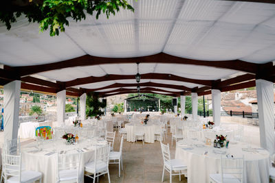 Tables and chairs in restaurant