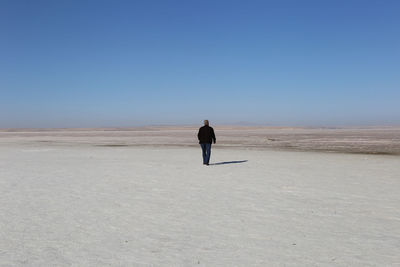 Rear view of man walking in desert