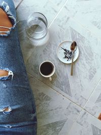 High angle view of coffee cup on table