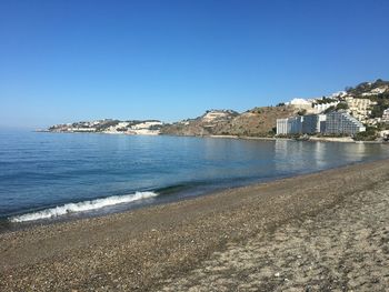 Scenic view of sea and buildings against clear blue sky