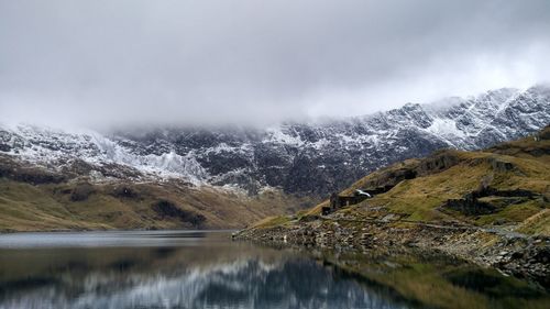 Scenic view of lake by snowcapped mountains against sky