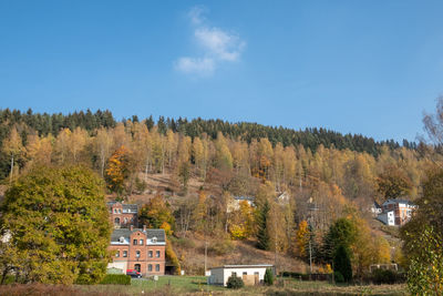 Trees and houses against sky during autumn