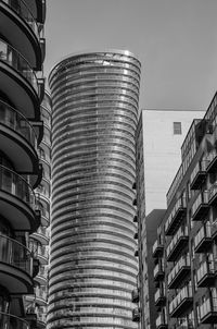 Black and white view of city buildings