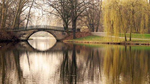 Reflection of bare trees in river against sky