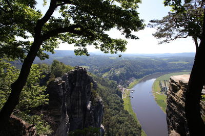 High angle view of river amidst trees against sky