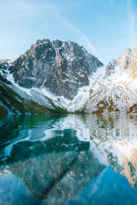 Scenic view of lake by snowcapped mountains against sky