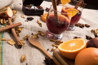 Fruits in glass on table