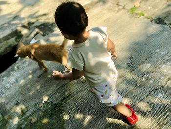 High angle view of boy playing