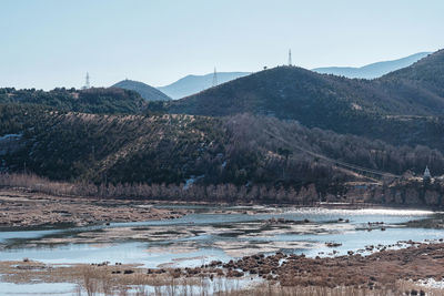 Scenic view of river by mountains against clear sky