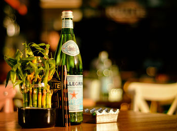 Close-up of bottle by houseplant on table at restaurant