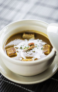 Close-up of soup served in bowl