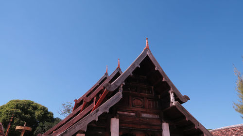 Low angle view of building against clear blue sky