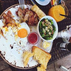 High angle view of breakfast served on table