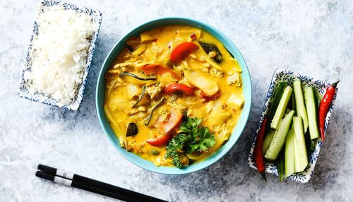 High angle view of salad in bowl on table