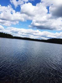 Scenic view of lake against cloudy sky