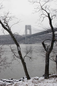 View of suspension bridge over river