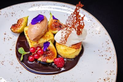 High angle view of dessert in plate on table