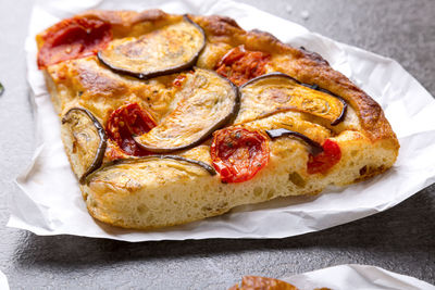 High angle view of pizza on table