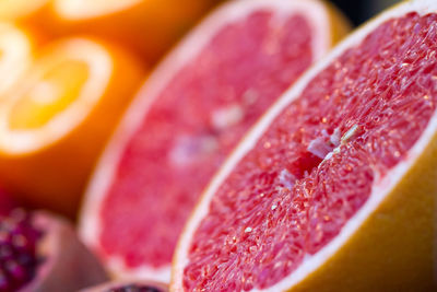 Close-up view of halved grapefruit