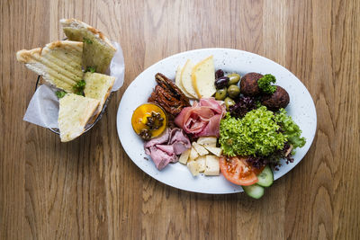 High angle view of breakfast served on table
