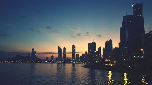 City at waterfront during sunset