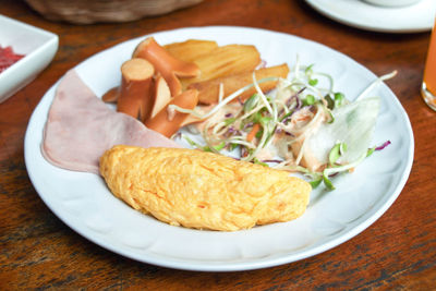 High angle view of breakfast served in plate