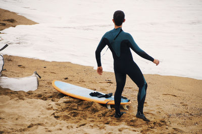 Rear view of man standing on beach